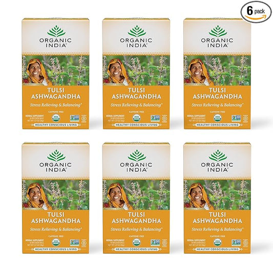 ORGANIC INDIA Calming Tulsi Ashwagandha Tea - Organic Tea Bags, Holy Basil, Vegan, USDA Certified Organic, Non-GMO, Caffeine Free - 18 Infusion Bags, 6 Pack