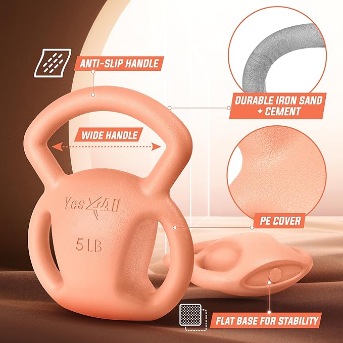 Yes4All Kettlebell, Strength Training Kettlebells for Women, Wide Multi-grip Textured Handle for Home Gym Exercises & Full Body Workout, Single 5–25 lb & Set of 10-15 lb