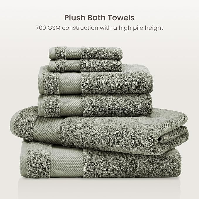 BIOWEAVES 100% Organic Cotton Bath Towel Set | 700 GSM Plush 6-Piece Premium Towel Set GOTS Certified, 2 Bath Towels, 2 Hand Towels & 2 Washcloths - Sage