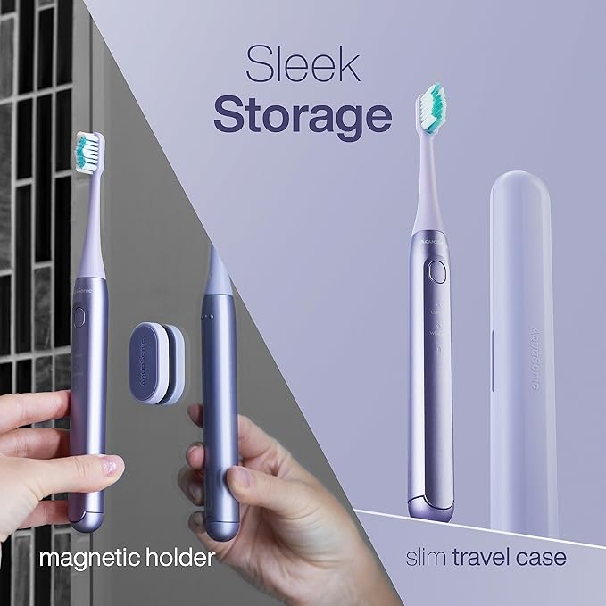 Aquasonic Icon ADA-Accepted Rechargeable Toothbrush | Magnetic Holder & Slim Travel Case | 2 Brushing Modes & Smart Timers | Gentle Micro-Vibrations (Lilac)