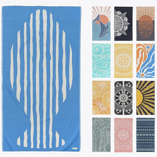 FESHKA Sand Proof Turkish Beach Towel – Oversized, Quick Dry & Lightweight Travel Towel - 100% Organic Cotton Beach Blanket - Perfect for Bath, Pool & Picnic | Blue Stripes (Blue)