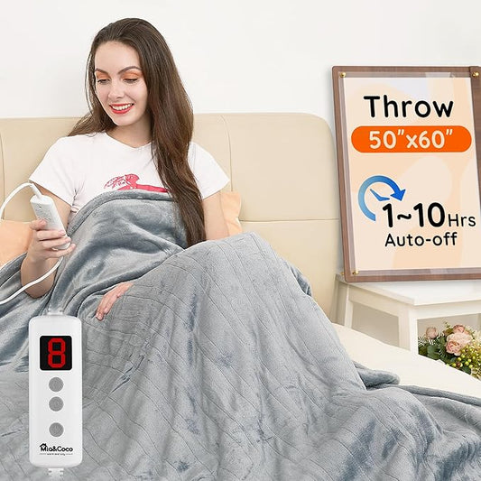 Mia&Coco Heated Throw Blanket - 50"x60" Flannel Electric Blanket, 6 Heat Levels, 10-Hour Auto-Off, Fast Heating, Overheat Protection, Machine Washable, Soft Heated Blanket for Home and Office (Gray)