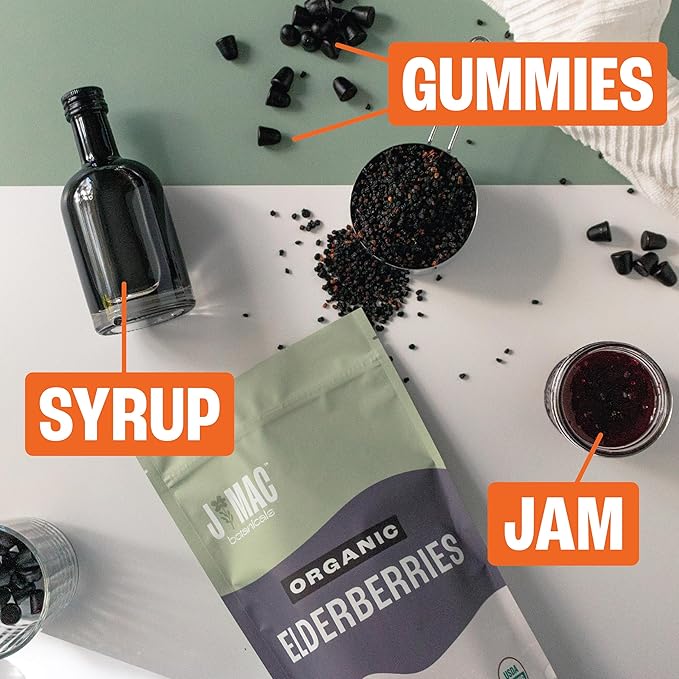 J Mac Botanicals Certified USDA - 100% Organic Dried Elderberries - 1lb Bulk - Non-Irradiated, Non-GMO, Whole Black Elderberry Immune Support - Raw Vegan Sambucus 1 Pound