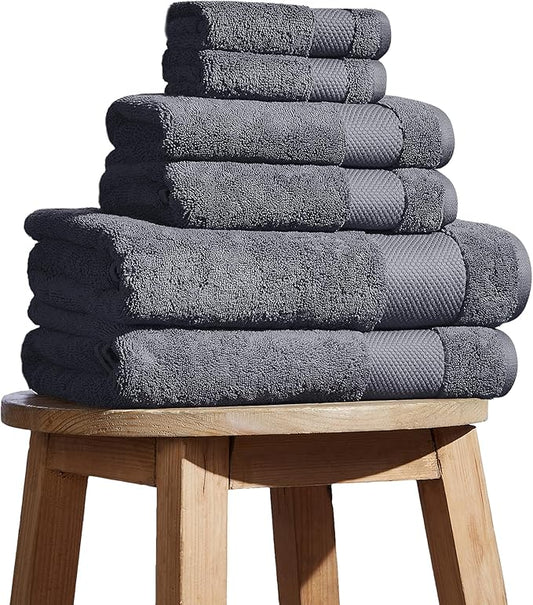BIOWEAVES 100% Organic Cotton 700 GSM Plush 6-Piece Towel Set GOTS Certified, 2 Bath Towels, 2 Hand Towels & 2 Washcloths - Charcoal