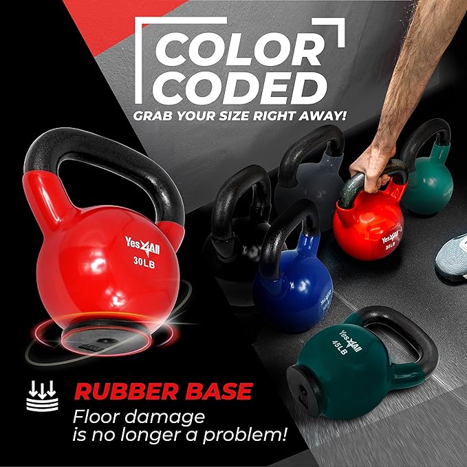 Yes4All Kettlebells Rubber Base, Kettlebell Set for Women, Strength Training Kettlebells Weights (10-65 lbs)