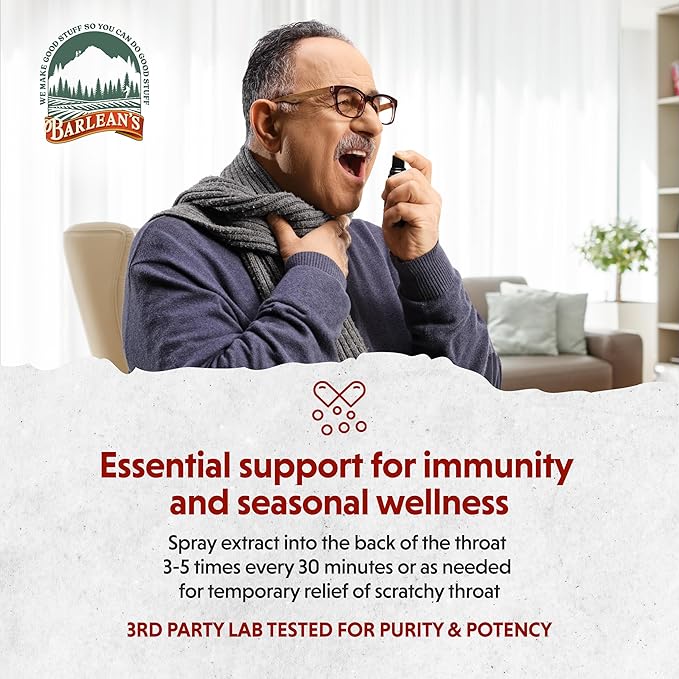 Barlean's Olive Leaf Complex Throat Spray, Immune Support Supplement with Peppermint, Lemon, and Sage for Itchy Throat Relief, Liquid Blended Extract, 1.5 oz