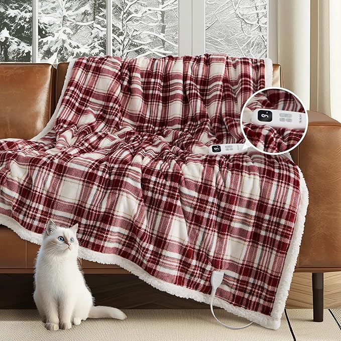 Heated Blanket Electric Throw-50''x60''Ultra Soft Cozy Plaid Flannel Fast Heating Electric Blanket with 10 Heat Levels & 10 Hours Auto Off, ETL Certified, Keep Warm in Couch Bed Office(Red)