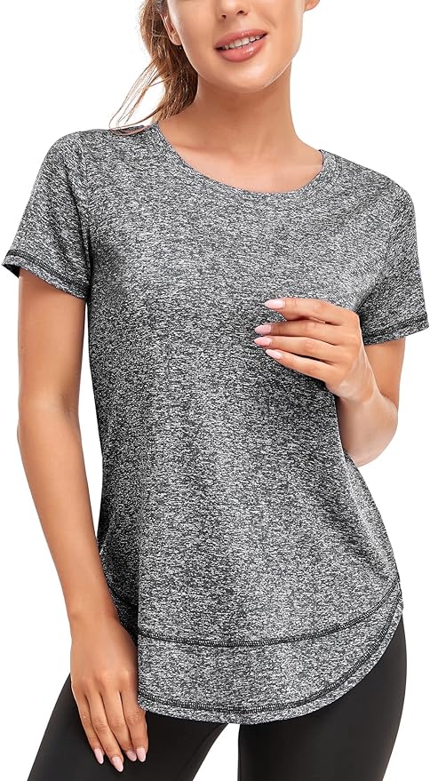 Women's Short Sleeve Workout Shirts Crewneck Sports Yoga Running Dry Fit Tops Side Split Tee