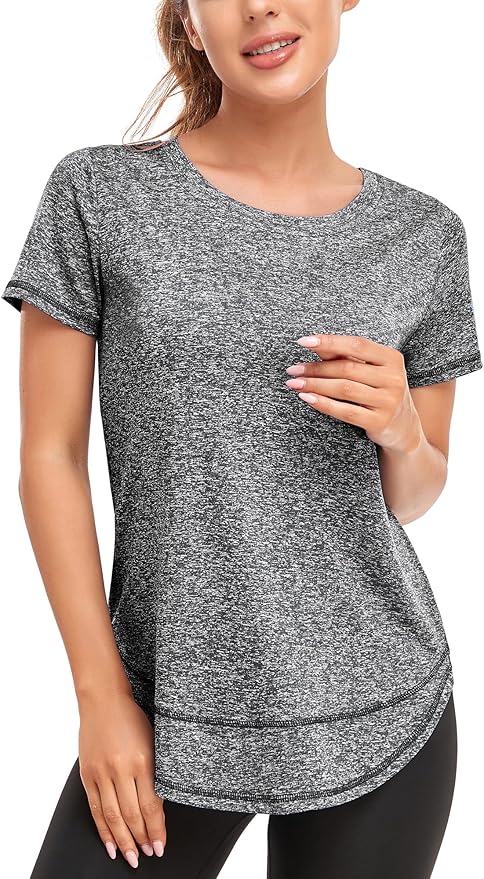 Women's Short Sleeve Workout Shirts Crewneck Sports Yoga Running Dry Fit Tops Side Split Tee