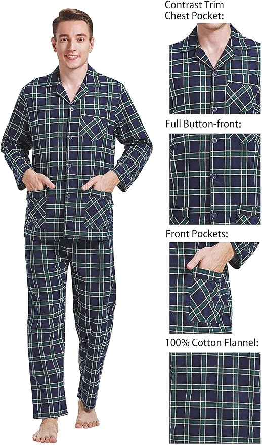 GLOBAL Men's Pajamas Sets 100% Cotton Flannel Sleepwear Long-Sleeve top & Bottom