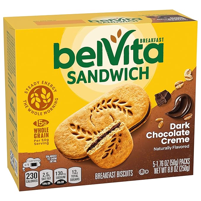 belVita Breakfast Bar Biscuit Sandwiches, Dark Chocolate Creme, 30 Total Packs, 6 Boxes (2 Biscuits Per Pack)