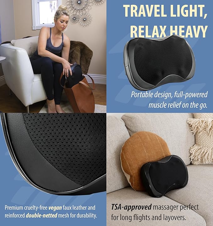 Zyllion Shiatsu Back and Neck Massager with Heat - 3D Electric Kneading Deep Tissue Massage Pillow with 8 Massaging Nodes for Muscle Pain Relief, Black, ZMA-25