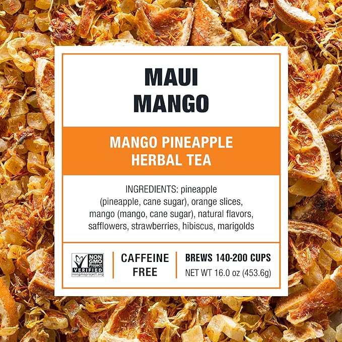 Tiesta Tea Maui Mango, Loose Leaf, Mango Pineapple Herbal Tea, Premium Non-Caffeinated Fruit Blend, Makes Hot or Iced & Brews Up to 200 Cups, 16 Ounce Resealable Bulk Pouch
