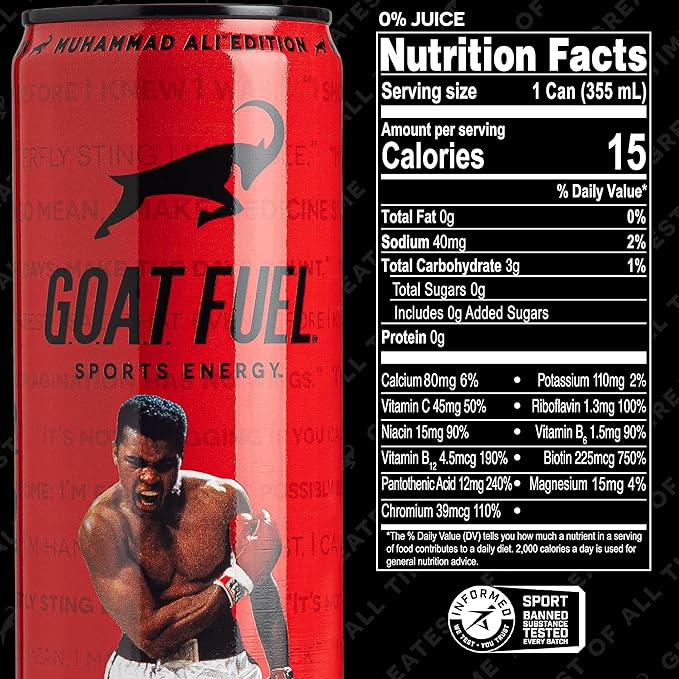 G.O.A.T. Fuel Energy Drink, Co-Founded by Jerry Rice, Natural Caffeine, Electrolytes, BCAAs, Cordyceps & Antioxidants, Light Carbonation Pre Workout, 12 Pack, 12 FL Oz, Watermelon Fruit Punch