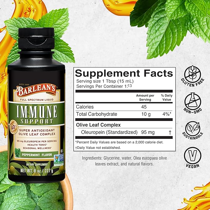 Barlean's Peppermint Olive Leaf Complex Liquid Immune Support Supplement, 95mg Oleuropein Antioxidants, 8 oz