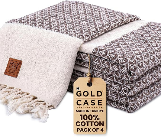 Gold CASE Turkish Beach Towel Set of 4 – 100% Cotton Large Turkish Bath Towels 67 x 38'' – Helen Extra Large, Quick Dry & Sand Free Towels – Peshtemal for Pool – Brown