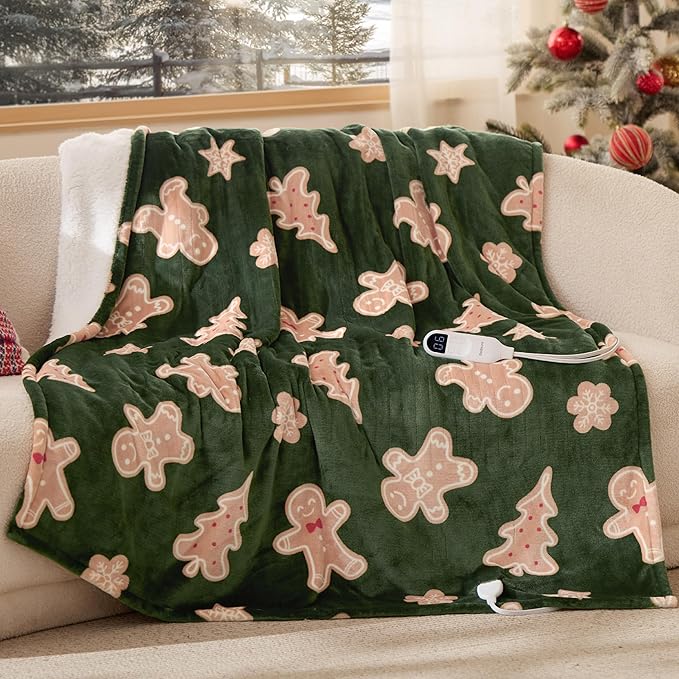 Bedsure Christmas Heated Blanket Throw - Soft Flannel Sherpa Electric Blanket with Gingerbread Pattern, Heated Throw as a Gift, with 6 Heating Levels, 4 Time Settings, and 3-Hour Auto-Off (50"x60")