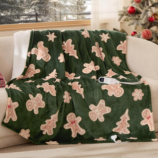 Bedsure Christmas Heated Blanket Throw - Soft Flannel Sherpa Electric Blanket with Gingerbread Pattern, Heated Throw as a Gift, with 6 Heating Levels, 4 Time Settings, and 3-Hour Auto-Off (50"x60")