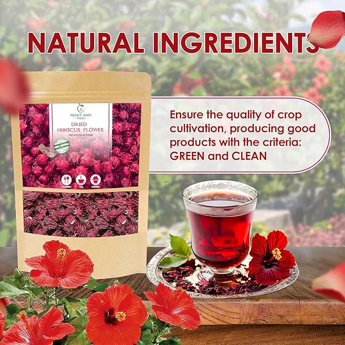 NhatAnhFarm, Dried Hibiscus. 100gr Natural Dried Hibiscus, 100% Natural & Pure, Sugar/Caffeine/Gluten Free. The Perfect Ingredient For Making Tea, Baking, And Effective Deodorizing