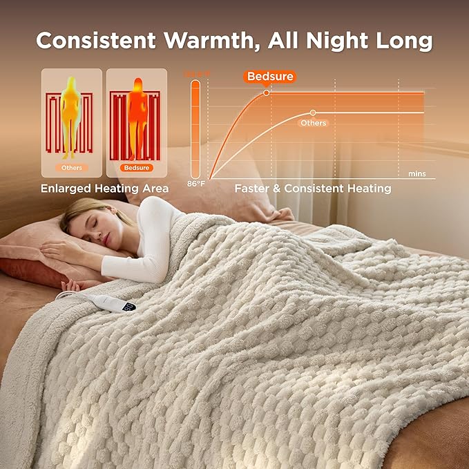 Bedsure Electric Blanket Twin Size - Super Soft Flannel Sherpa Heated Blanket with Bubble Pattern, Heating with 6 Heating Levels, 10 Time Settings, and 8-Hour Auto-Off (Light Brown, 62x84 inches)