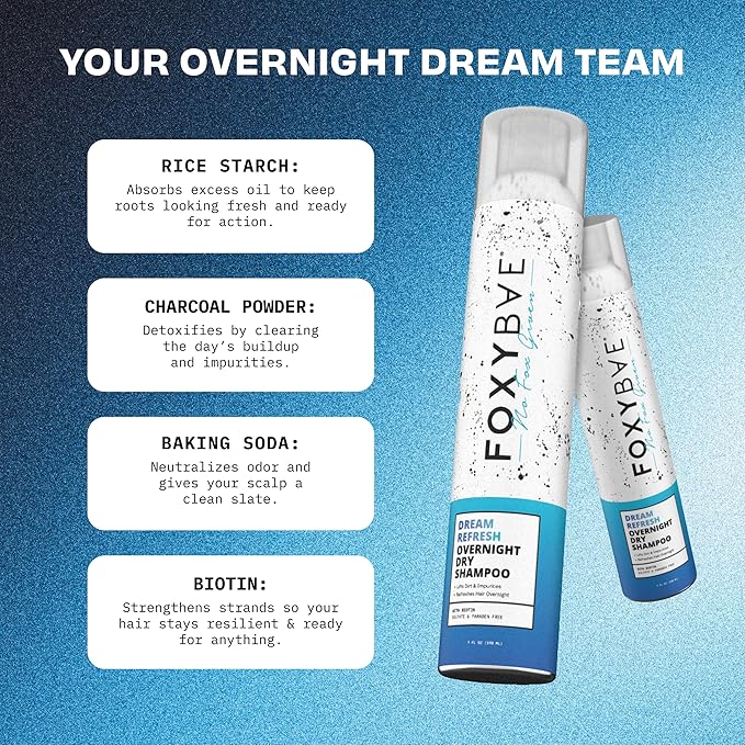 FoxyBae Dream Refresh Overnight Dry Shampoo – Biotin, Rice Starch & Charcoal Formula – Absorbs Oil, Sweat & Odor Overnight – For All Hair Types Including Color-Treated, Fine & Thick Hair – 7 fl oz