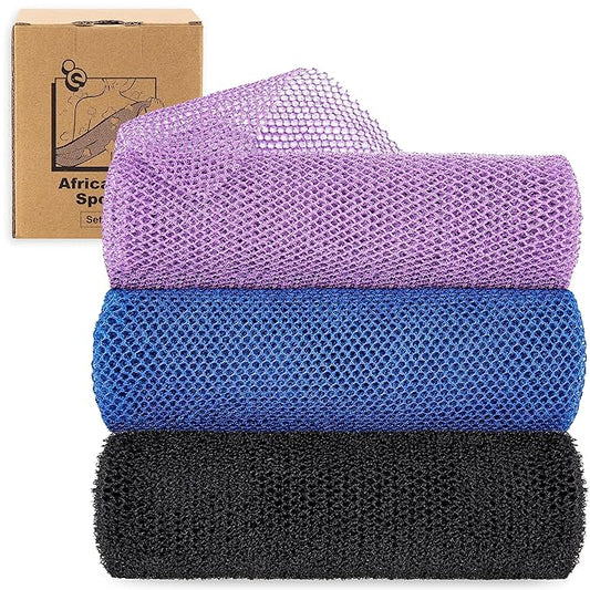 myHomeBody African Net Sponge, African Bath Sponge, Body Exfoliator Scrubber, Bath Washcloths, Exfoliating Net, Shower Back Scrubber, Set of 3, Dark Blue, Purple, Black