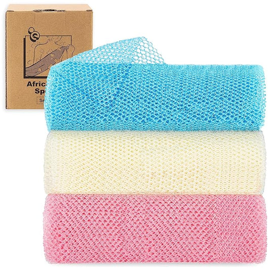 myHomeBody African Net Sponge, African Bath Sponge, Body Exfoliator Scrubber, Bath Washcloths, Exfoliating Net, Shower Back Scrubber, Set of 3, Light Blue, Beige, Pink