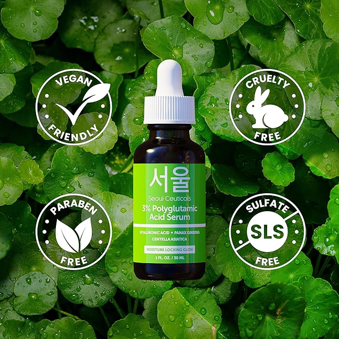 SeoulCeuticals Organic Polyglutamic Acid Serum - Korean Skin Care + Hyaluronic Acid + Centella Asiatica - K Beauty Anti Aging - Healthy Glowing Skin 1oz